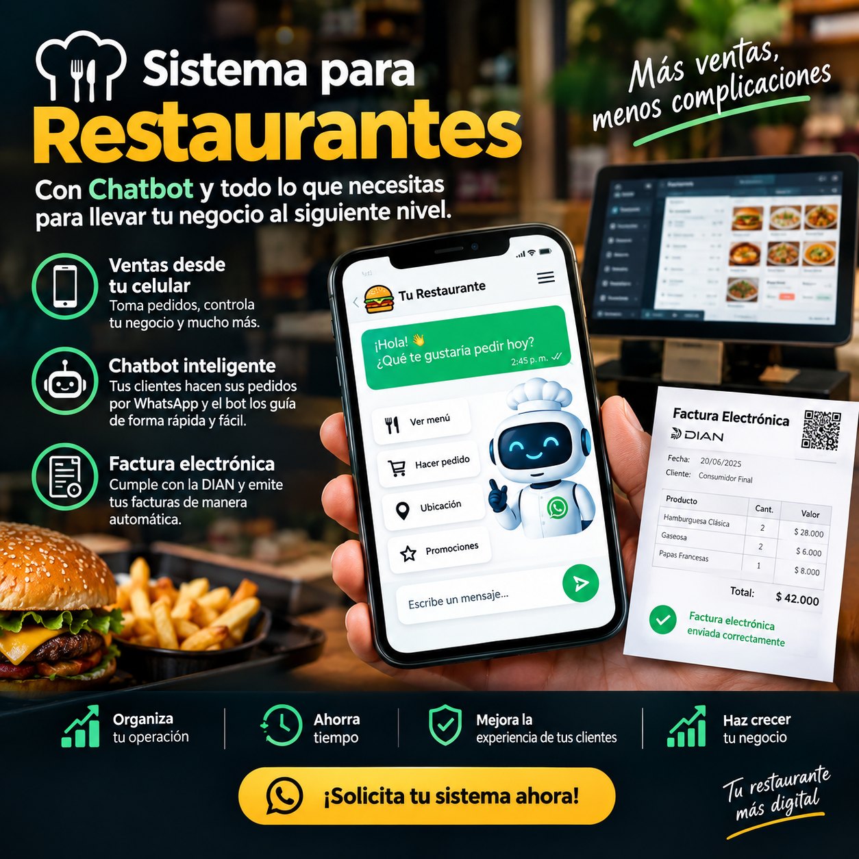 Sistema para restaurantes: chatbot de WhatsApp, punto de venta y factura electrónica DIAN